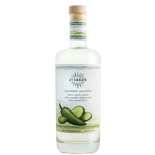 A bottle of 21 Seeds Cucumber Jalapeno Tequila, available at our Palm Springs Liquor store, Perry's.