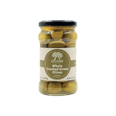 A jar of cracked green olives, available at our Palm Springs liquor store, Perry's.