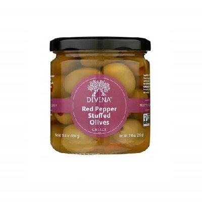 A jar of red pepper stuffed olives, available at our Palm Springs wine store, Perry's.