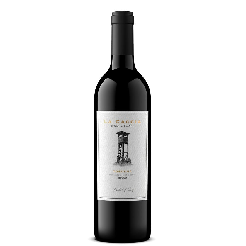 A bottle of La Caccia Super Tuscan Red, available at our Palm Springs wine store, Perry's.