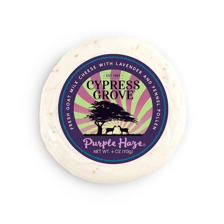 A 4 oz disk of Purple Haze goat cheese, available at our Palm Springs wine store, Perry's.