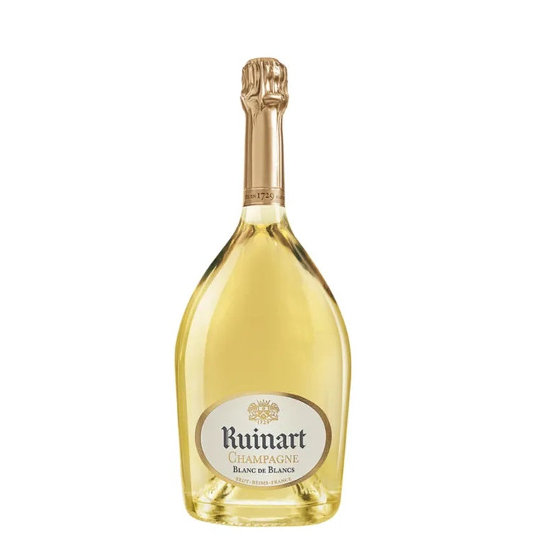 A bottle of Ruinart Blanc de Blancs Champagne, available at our Palm Springs wine store, Perry's.