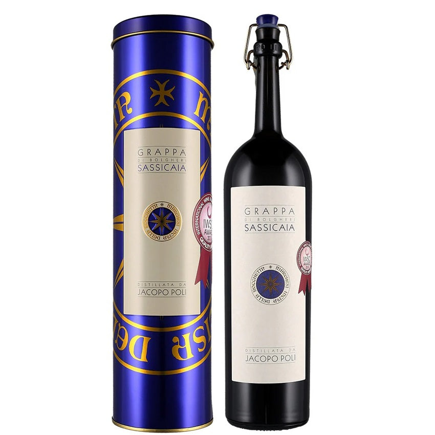 A bottle of Sassicaia Grappa, available at our Palm Springs liquor store, Perry's.