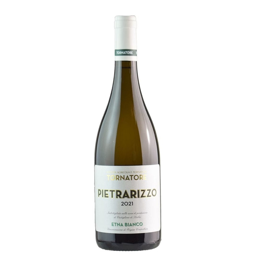 A bottle of Tornatore Etna Bianco Pietrarizzo, available at our Palm Springs wine store, Perry's.