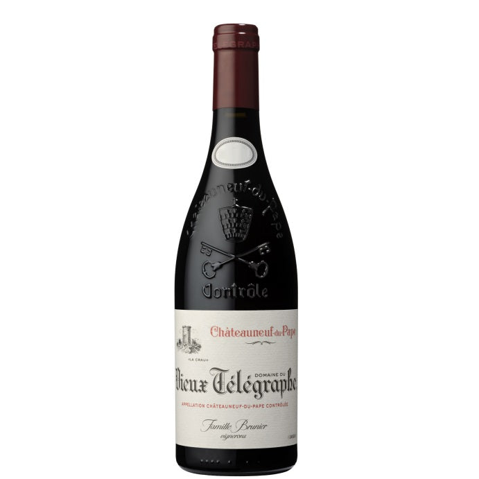 A bottle of Vieux Telegraphe Chateauneuf du pape, available at our Palm Springs wine store, Perry's